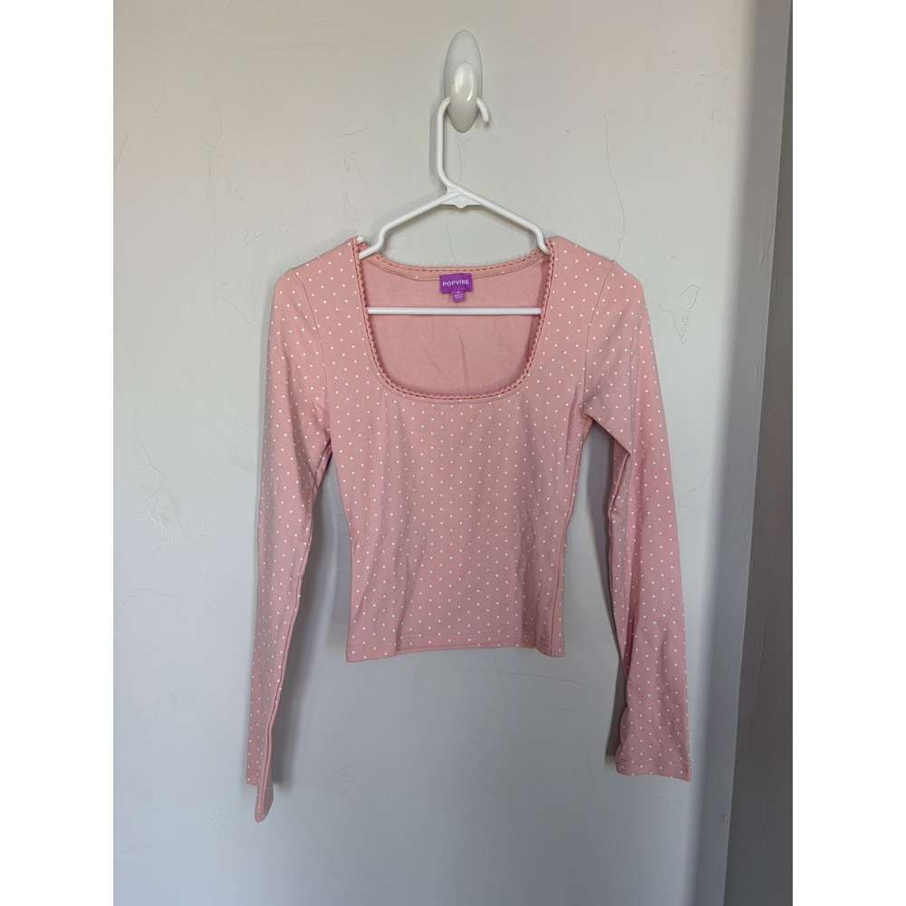 Popvibe Womens Pink Polka Dot Square Neck Lace Trim Long Sleeve Top Medium